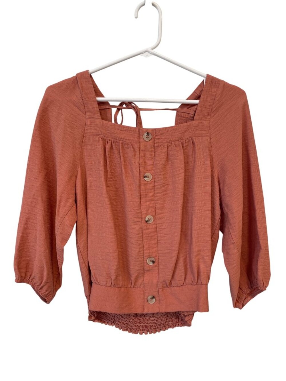 Hem & Thread Blouse Small Square Neck 3/4 Sleeve Smocked Waist Rust Orange Boho